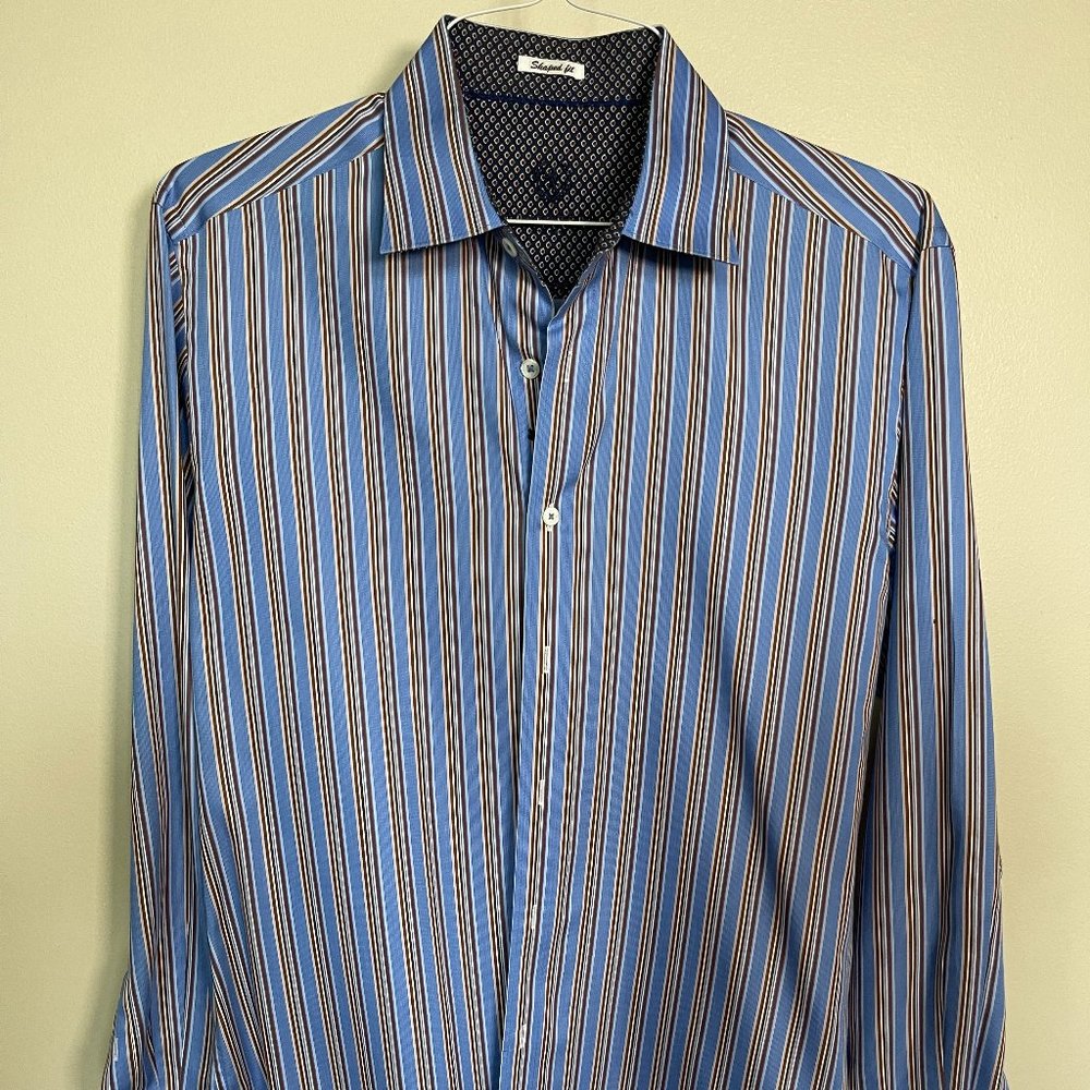 Bugatchi Men's Slim Fit Long Sleeve Button Up | Color: Blue/Brown | Size: M
